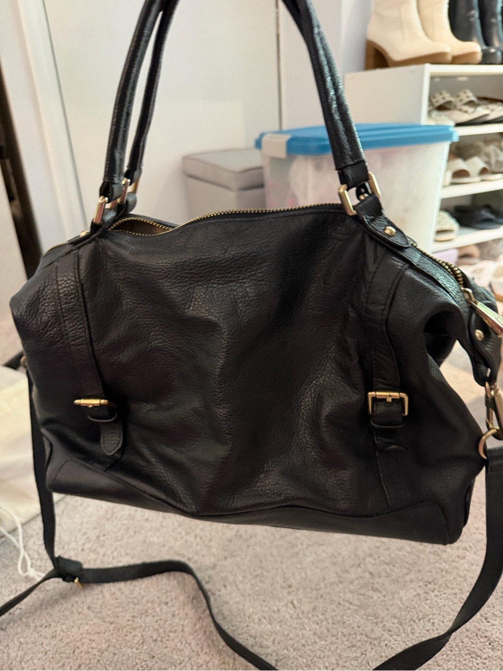Ora Delphine Classic Black Leather Tote Shoulder Bag - Structured Everyday Carry